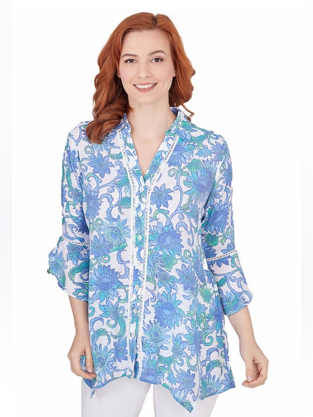 NWT Ruby Rd. Bali Floral button collared blouse lace details 3/4 sleeves Small